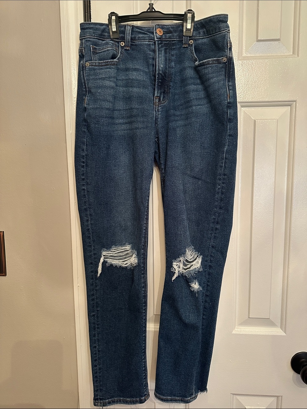 American Eagle Outfitters Dark Blue Distressed Straight Leg Jeans